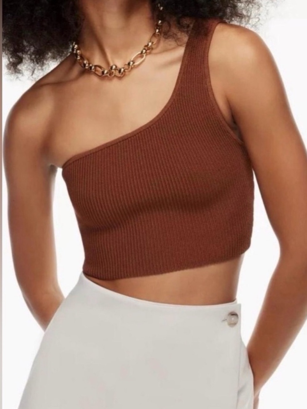 Aritzia Babaton Sculpt Brown One Shoulder Ribbed Crop Top
